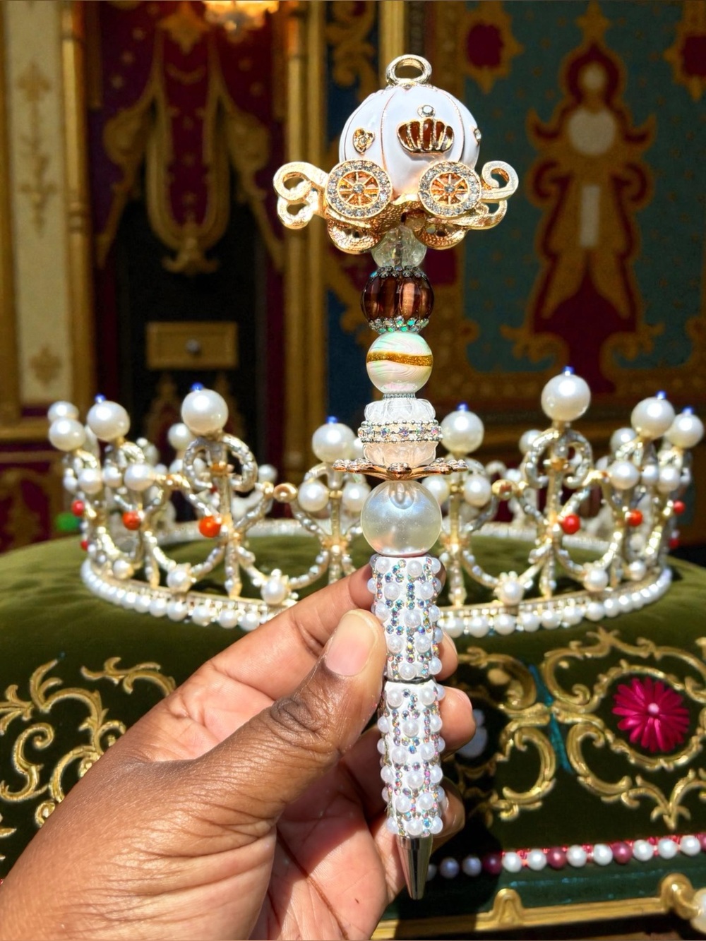 Handcrafted Pearl & Crystal Jeweled Carriage with Gold Accents